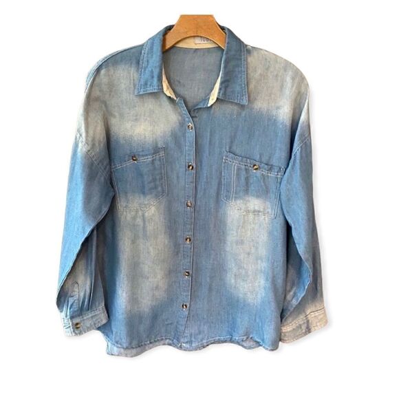 Tobi Sz S Blue Denim Chambray Faded Denim Button Up Relaxed Shirt - Picture 1 of 10